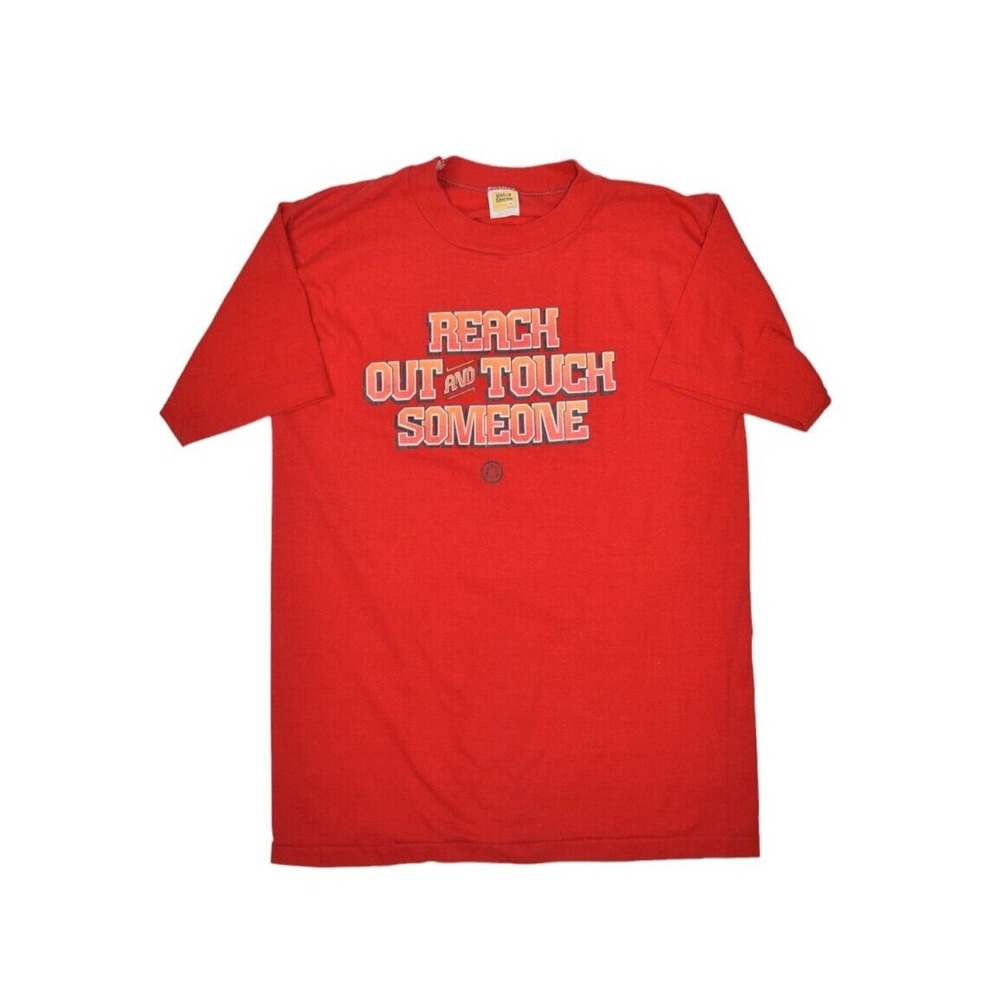 Vintage Humor Shirt Small Red Velva Sheen Reach Out and Touch Someone Made USA